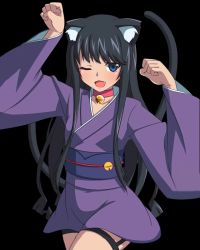Rule 34 | 10s, 1girl, ;d, animal ears, arms up, bell, neck bell, black hair, blue eyes, breasts, cat ears, cat tail, cleavage, collar, collarbone, cowboy shot, fang, japanese clothes, kimono, long hair, minamiya natsuki, one eye closed, open mouth, paw pose, purple kimono, short kimono, short yukata, small breasts, smile, solo, standing, strike the blood, tail, thigh strap, transparent background, yukata