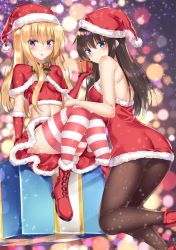 Rule 34 | 2girls, :o, arm support, ass, back, bare arms, bare shoulders, bell, black hair, black legwear, blonde hair, blue eyes, blurry, blush, bokeh, boots, bow, bowtie, breasts, breasts apart, capelet, christmas, closed mouth, commentary request, crop top, depth of field, dress, fur-trimmed capelet, fur-trimmed gloves, fur trim, gift, gloves, green neckwear, hand up, hat, head tilt, holding, holding gift, leg up, long hair, looking at viewer, looking back, medium breasts, midriff, miniskirt, multiple girls, navel, original, pantyhose, parted lips, pink legwear, purple eyes, red capelet, red dress, red footwear, red gloves, red hat, red shirt, red skirt, rong yi tan, santa costume, santa hat, shirt, sidelocks, skirt, sleeveless, sleeveless dress, smile, snowing, strapless, strapless dress, striped clothes, striped legwear, striped thighhighs, thighhighs