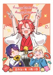 Rule 34 | 3boys, :d, ^ ^, arms up, blonde hair, blue eyes, blue hair, blue kimono, border, chibi, closed eyes, closed mouth, commentary request, dated, facing viewer, fang, hand fan, happy birthday, happy new year, highres, holding, holding fan, idol time pripara, japanese clothes, kimono, long sleeves, looking at another, male focus, mitaka asahi, multiple boys, new year, open mouth, poro (pweedro), pretty series, pripara, red hair, red kimono, short hair, smile, takase koyoi, v, white border, wide sleeves, yellow eyes, yumekawa shogo