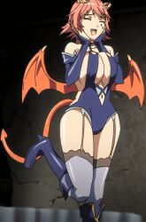Rule 34 | 1girl, animated, animated gif, bare shoulders, boots, bouncing breasts, breasts, choker, closed eyes, collar, demon girl, demon horns, demon tail, demon wings, fang, full body, garter straps, hair over eyes, highres, horns, huge breasts, kyonyuu fantasy, large breasts, pink hair, pointy ears, red hair, resized, revealing clothes, shamsiel shahar, short hair, sideboob, solo, tail, thick thighs, thigh boots, thighhighs, thighs, wings
