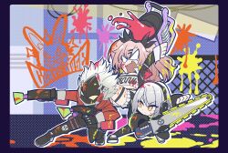 Rule 34 | 1boy, 2girls, absurdres, anby demara, android, billy kid, black gloves, black ribbon, border, breasts, chibi, cleavage, closed mouth, crossover, fangs, fingerless gloves, gloves, grey hair, gun, hair ribbon, headphones, highres, holding, holding weapon, jacket, long hair, mole, mole under eye, multiple girls, nicole demara, nintendo, open mouth, pants, pink hair, red jacket, ribbon, skin fangs, slosher (splatoon), spiked hair, splat dualies (splatoon), splatana stamper (splatoon), splatoon (series), synchroman, weapon, white hair, zenless zone zero