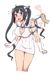 Rule 34 | 10s, 1girl, absurdres, arm ribbon, bdsm, black hair, blue eyes, blush, bondage, bound, breasts, cleavage, cleavage cutout, clothing cutout, covered navel, cropped legs, d:, dress, dungeon ni deai wo motomeru no wa machigatteiru darou ka, gloves, hair ornament, hair ribbon, hestia (danmachi), highres, itou yuuji, large breasts, long hair, looking at viewer, open mouth, rei no himo, ribbon, simple background, solo focus, twintails, very long hair, white background, white dress, white gloves