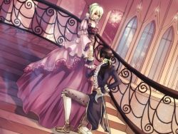 Rule 34 | 2girls, androgynous, blonde hair, brown hair, choker, couple, crossdressing, dress, dutch angle, european clothes, formal, frills, gown, kneeling, multiple girls, original, ponytail, puffy sleeves, red eyes, reverse trap, ribbon, stairs, sword, trap, victorian, weapon, wide sleeves, zuowen