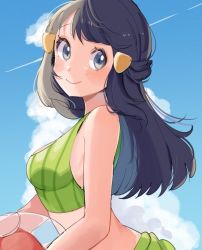 Rule 34 | 1girl, alternate costume, ball, bare arms, beachball, bikini, black hair, blush, breasts, closed mouth, cloud, commentary request, creatures (company), dawn (pokemon), day, eyelashes, game freak, green bikini, grey eyes, hair ornament, hairclip, highres, long hair, looking to the side, nintendo, outdoors, pokemon, pokemon (anime), pokemon bw087, pokemon bw (anime), ririmon, sky, smile, solo, swimsuit