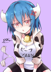 Rule 34 | 1girl, absurdres, animal print, bad id, bad pixiv id, bell, blue hair, blush, breasts, cleavage, collar, cow girl, cow horns, cow print, cow tail, hair between eyes, highres, horns, jashin-chan dropkick, large breasts, looking at viewer, miniskirt, minos (jashin-chan dropkick), neck bell, open mouth, purple background, red eyes, short hair, simple background, sitting, skirt, solo, tail, yuuki shushu