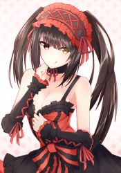 Rule 34 | 1girl, :q, alruna, bare shoulders, black hair, bow, breasts, cleavage, clock eyes, clothes pull, collarbone, date a live, detached sleeves, dress, dress pull, eyes visible through hair, female focus, frilled dress, frills, gothic lolita, hair between eyes, hairband, heterochromia, highres, lolita fashion, lolita hairband, long hair, looking at viewer, medium breasts, open mouth, polka dot, polka dot background, red bow, red eyes, roman numeral, shirt pull, smile, solo, striped, symbol-shaped pupils, tokisaki kurumi, tongue, tongue out, twintails, two-tone dress, upper body, vertical stripes, yellow eyes