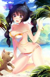 Rule 34 | 1girl, animal, animal ears, artist name, bare shoulders, barefoot, beach, bikini, black hair, blush, bracelet, breasts, cat ears, cleavage, cloud, collarbone, day, dog, eyebrows, frilled bikini, frills, front-tie bikini top, front-tie top, hair ornament, hair tie, hand up, heart, heart-shaped pupils, highres, jewelry, kneeling, large breasts, leaf, long hair, multi-tied hair, navel, open mouth, original, outdoors, plant, sidelocks, sky, solo, squchan, string pull, swimsuit, symbol-shaped pupils, teeth, twintails, upper teeth only, water, watermark, web address, white bikini, yellow eyes