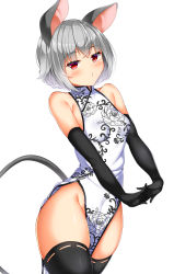 Rule 34 | 1girl, alternate costume, animal ears, black gloves, black thighhighs, china dress, chinese clothes, closed mouth, cowboy shot, daichi (tokoya), dress, elbow gloves, floral print, gloves, grey hair, groin, highres, interlocked fingers, looking at viewer, mouse ears, nazrin, own hands together, red eyes, short hair, simple background, sleeveless, sleeveless dress, solo, standing, thighhighs, touhou, white background