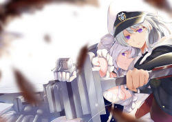 Rule 34 | 2girls, absurdres, apron, azur lane, belfast (azur lane), belt, black belt, black coat, black neckwear, bow (weapon), braid, breasts, cleavage, coat, corset, einj, enterprise (azur lane), french braid, gloves, grey hair, hat, highres, large breasts, long hair, machinery, military hat, multiple girls, open clothes, open coat, peaked cap, purple eyes, shirt, turret, underbust, very long hair, weapon, white apron, white background, white gloves, white headwear