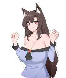 Rule 34 | 1girl, animal ears, bare shoulders, breasts, bright pupils, brooch, brown hair, cleavage, clenched hands, closed mouth, collarbone, commentary, dress, english commentary, highres, huge breasts, imaizumi kagerou, jewelry, large breasts, long hair, long sleeves, mata (matasoup), off-shoulder dress, off shoulder, red eyes, simple background, smile, solo, touhou, upper body, white background, white pupils, wolf ears
