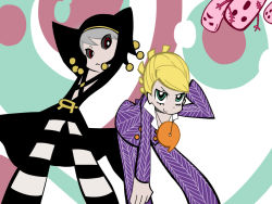 Rule 34 | 2boys, black sclera, blonde hair, blue eyes, colored sclera, formal, jewelry, jojo no kimyou na bouken, male focus, metallica (stand), multiple boys, necklace, pants, panty &amp; stocking with garterbelt, parody, prosciutto, red eyes, risotto nero, stand (jojo), striped clothes, striped pants, style parody, suit, ukihashi