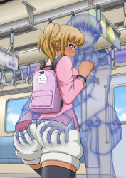 Rule 34 | 10s, 1boy, 1girl, artist request, ass, ass grab, backpack, bag, black thighhighs, blue eyes, blush, bracelet, breasts, brown hair, couple, dark skin, deep skin, embarrassed, from behind, gundam, gundam build fighters, gundam build fighters try, hetero, hoshino fumina, huge ass, invisible man, jewelry, large breasts, long hair, looking back, looking down, ponytail, shorts, sideboob, tan, thighhighs, train