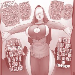 Rule 34 | 1girl, blindfold, blush, breasts, cleavage cutout, clothing cutout, crowd, ekz (robotekz), english text, habit, highres, huge breasts, nun, open mouth, original, outstretched arms, pelvic curtain, rope belt, side slit, spread arms, thighs
