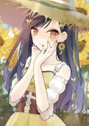 Rule 34 | 1girl, black hair, blue hair, blurry, butterfly hair ornament, collarbone, corset, detached sleeves, dress, earrings, expressionless, field, flower, flower earrings, flower field, funoko, gradient hair, hair ornament, hands on own face, hat, highres, jewelry, light blush, long hair, looking at viewer, multicolored hair, multicolored nails, necklace, official alternate costume, orange eyes, orange nails, outdoors, project sekai, shiraishi an, solo, sparkle, straw hat, sunflower, sunflower earring, sunflower field, the vivid old tale (project sekai), upper body, white sleeves, yellow dress, yellow flower, yellow nails