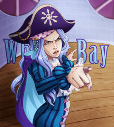 Rule 34 | 1girl, angry, ascot, bandana, bicorne, blue eyes, blue hair, cape, character name, corey miller, dress, hat, jolly roger, lace, marineford, matching hair/eyes, one piece, pirate, pointing, short dress, solo, striped clothes, striped dress, vertical stripes, whitey bay