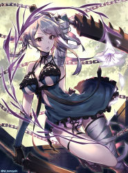 Rule 34 | 1girl, arm up, armpits, bandaged arm, bandaged leg, bandages, bow, braid, breasts, chain, cleavage, cleavage cutout, clothing cutout, commentary request, dress, dual wielding, elbow gloves, flower, full moon, gloves, hair flower, hair ornament, high heels, highres, holding, holding sword, holding weapon, kaine (nier), lace-up, long hair, looking at viewer, matsumoto tomoyohi, medium breasts, moon, nier, nier (series), open mouth, panties, pantyshot, purple eyes, single glove, single thighhigh, solo, sword, thighhighs, twitter username, underboob, underwear, upper body, weapon