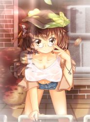 Rule 34 | 1girl, animal ears, bell, bow, bracelet, breasts, brown eyes, brown hair, cleavage, collarbone, contemporary, denim, denim shorts, futatsuiwa mamizou, glasses, gourd, hat, highres, jewelry, large breasts, leaf, leaning forward, navel, pince-nez, psycho pass idiot, psychopath idiot, raccoon ears, raccoon tail, shorts, smile, tail, tank top, touhou