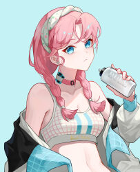 Rule 34 | 1girl, absurdres, arknights, bare shoulders, blue background, blue eyes, blue poison (arknights), blue poison (shoal beat) (arknights), bottle, braid, choker, commentary request, crop top, earrings, fenglansishui, hairband, highres, holding, holding bottle, jacket, jewelry, long hair, looking at viewer, midriff, navel, off shoulder, open clothes, open jacket, pink choker, pink hair, simple background, solo, spaghetti strap, sports bra, stomach, twin braids, upper body, white hairband, white jacket