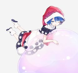 Rule 34 | 1girl, ;3, bad id, bad twitter id, bare arms, blue eyes, blue hair, doremy sweet, dream soul, dress, full body, grey background, hat, looking at viewer, lying, nightcap, nuudoru, on stomach, one eye closed, pom pom (clothes), red hat, shoes, short hair, simple background, smile, solo, touhou, turtleneck, white dress, white footwear
