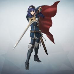 Rule 34 | 1girl, 3d, belt, blue eyes, blue hair, boots, cape, falchion (fire emblem), fingerless gloves, fire emblem, fire emblem awakening, fire emblem warriors, full body, gloves, gradient background, highres, holding, holding weapon, jewelry, long hair, long sleeves, lucina (fire emblem), nintendo, official art, sheath, simple background, solo, sword, thigh boots, thighhighs, tiara, weapon
