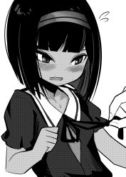 Rule 34 | 1girl, blush, bob cut, collared dress, dark skin, dress, fingernails, flying sweatdrops, greyscale, hairband, highres, monochrome, neck ribbon, open mouth, original, out of frame, ribbon, short hair, short sleeves, simple background, solo focus, surio, sweat, teeth, upper body, upper teeth only, white background