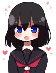 Rule 34 | 1girl, :d, black hair, black sailor collar, black shirt, blue eyes, blush, hair between eyes, heart, looking at viewer, neckerchief, open mouth, original, red neckerchief, rensei, sailor collar, shirt, simple background, smile, solo, upper body, white background