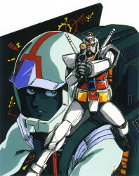 Rule 34 | 1980s (style), 1boy, aiming, aiming at viewer, amuro ray, beam rifle, cockpit, energy gun, grin, gundam, helmet, highres, looking at viewer, machinery, mecha, mikimoto haruhiko, mobile suit, mobile suit gundam, oldschool, pilot, pilot chair, pilot suit, retro artstyle, robot, rx-78-2, scan, science fiction, screen, serious, smile, spacesuit, traditional media, v-fin, weapon