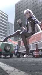 Rule 34 | 1girl, :o, ak-alfa (girls&#039; frontline), beer bottle, black footwear, black gloves, black jacket, black thighhighs, blush, book, boots, brown eyes, building, car, commentary request, day, english text, flying sweatdrops, giant, giantess, girls&#039; frontline, gloves, highres, holding, holding book, jacket, layered sleeves, long hair, long sleeves, motor vehicle, open book, outdoors, parted lips, purple hair, shirt, short over long sleeves, short sleeves, sitting, solo, thigh boots, thighhighs, truck, umiroku, vehicle focus, very long hair, white shirt, wide sleeves