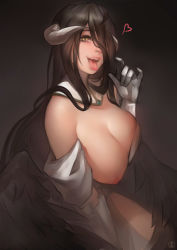 Rule 34 | 1girl, absurdres, albedo (overlord), bare shoulders, black hair, black wings, breasts, breasts out, cleavage, demon girl, demon horns, elbow gloves, eyelashes, fang, fellatio gesture, gloves, gorget, hair over one eye, heart, highres, hip vent, horns, large breasts, lips, long hair, looking at viewer, low wings, nat the lich, naughty face, nipples, no bra, nose, one breast out, open mouth, overlord (maruyama), revision, slit pupils, solo, tongue, tongue out, white gloves, wings, yellow eyes