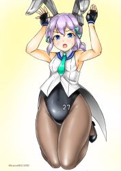 Rule 34 | 1girl, alternate costume, animal ears, black leotard, blue eyes, bow, bowtie, breasts, brown pantyhose, detached collar, fake animal ears, gradient background, hair ornament, hair ribbon, highleg, highleg leotard, jumping, kantai collection, kudou (ooabareteng), langley (kancolle), leotard, medium hair, open mouth, pantyhose, playboy bunny, purple hair, rabbit ears, rabbit tail, ribbon, small breasts, solo, strapless, strapless leotard, tail, traditional bowtie, twitter username, vest, wrist cuffs, yellow background