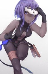 Rule 34 | 1girl, absurdres, bare shoulders, belt pouch, between fingers, black cola, black gloves, black leotard, black pantyhose, breasts, cleavage cutout, clothing cutout, dark-skinned female, dark skin, fate/grand order, fate/prototype, fate/prototype: fragments of blue and silver, fate (series), feet out of frame, flower, gloves, gradient background, hassan of serenity (fate), highres, holding, holding weapon, kunai, leotard, lifting mask, looking at viewer, mask, pantyhose, parted lips, pouch, purple eyes, purple hair, revealing clothes, short hair, sidelocks, simple background, skull mask, solo, weapon