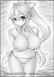 Rule 34 | 10s, 1girl, artist name, bikini, bikini bottom only, blush, braid, breast hold, breasts, choker, collarbone, covering privates, covering breasts, elf, female focus, greyscale, large breasts, leafa, long hair, looking at viewer, monochrome, navel, nightmare77zx, parted lips, pointy ears, ponytail, side-tie bikini bottom, side braid, solo, swimsuit, sword art online, topless, traditional media, twin braids
