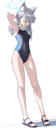 Rule 34 | 1girl, animal ear fluff, animal ears, arms behind head, black one-piece swimsuit, blue archive, blue eyes, breasts, competition swimsuit, covered navel, cross hair ornament, extra ears, full body, grey hair, hair ornament, halo, highres, low ponytail, medium breasts, medium hair, mismatched pupils, multicolored clothes, multicolored swimsuit, namaonpa, one-piece swimsuit, sandals, shiroko (blue archive), shiroko (swimsuit) (blue archive), solo, standing, swimsuit, wolf ears