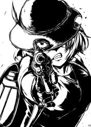 Rule 34 | 10s, 1girl, 4shi, angry, backpack, bag, bucket hat, check commentary, commentary request, gloves, greyscale, gun, handgun, hat, hat feather, highres, holding, holding gun, holding weapon, kaban (kemono friends), kemono friends, looking at viewer, monochrome, pointing, pointing at viewer, revolver, solo, torn clothes, torn hat, weapon, white background