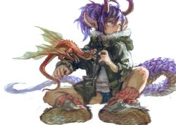 Rule 34 | 1girl, ahoge, animal on arm, blue hair, commentary request, dragon, dragon girl, dragon horns, dragon tail, eating, food, hair between eyes, holding, holding food, horns, jacket, jonpei, long sleeves, looking to the side, open clothes, open jacket, open mouth, pointy ears, ponytail, red eyes, shirt, shoes, simple background, sitting, tail, white background, white shirt