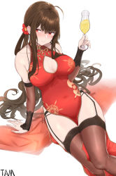 Rule 34 | 1girl, absurdres, ahoge, blush, breasts, brown hair, brown thighhighs, china dress, chinese clothes, chinese commentary, cleavage, cleavage cutout, clothes between thighs, clothing cutout, covered navel, cowboy shot, cup, detached sleeves, dress, drinking glass, dsr-50 (girls&#039; frontline), dsr-50 (red peony) (girls&#039; frontline), flower, furrowed brow, garter belt, garter straps, girls&#039; frontline, hair between eyes, hair flower, hair ornament, highres, holding, holding cup, large breasts, long hair, looking to the side, official alternate costume, parted lips, pelvic curtain, red dress, red eyes, side slit, sidelocks, sitting, sleeveless, sleeveless dress, smile, solo, tamago (eva1314056), tassel, taut clothes, taut dress, thighhighs, thighs, twintails, wine glass