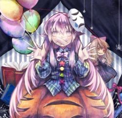 Rule 34 | 1girl, balloon, book, bow, bowtie, bubble skirt, bug, comedy/tragedy mask, curtains, doll, hata no kokoro, long hair, long sleeves, mask, mouth mask, open hand, pink eyes, pink hair, plaid, plaid shirt, puffy long sleeves, puffy sleeves, sanso, shirt, skirt, solo, spider, star (symbol), stitched, stitches, striped, striped background, tape, teardrop, third-party edit, touhou