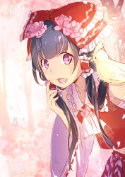 Rule 34 | 1girl, alternate eye color, alternate hair length, alternate hairstyle, animal, animal on shoulder, ascot, bird, bird on shoulder, black hair, bow, cherry blossoms, collar, collarbone, detached sleeves, fingernails, floral print, flower, forest, frilled bow, frilled collar, frilled shirt collar, frills, hair bow, hair flower, hair ornament, hair tubes, hakurei reimu, hand up, heart, leaning forward, long hair, looking at another, midriff, nature, nekito, open mouth, purple eyes, red skirt, ribbon-trimmed sleeves, ribbon trim, sarashi, skirt, solo, teeth, tongue, touhou, tree, wide sleeves