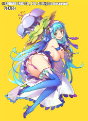 Rule 34 | 1girl, ass, blue eyes, blue hair, blue thighhighs, breasts, copyright notice, high heels, large breasts, long hair, looking at viewer, million arthur (series), popqn, sideboob, simple background, smile, solo, thighhighs, very long hair, yellow background