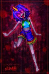 Rule 34 | 1girl, barefoot, blood, blue hair, colored skin, crazy eyes, english text, engrish text, female focus, get amped, grey skin, horns, midriff, monster girl, nail polish, personification, rainbow, ranguage, samael (5211), shorts, single horn, solo, tongue