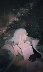 Rule 34 | 1girl, absurdres, asymmetrical gloves, azur lane, black gloves, blue hair, buling q, champagne (azur lane), character name, chinese commentary, closed mouth, collarbone, commentary request, elbow gloves, closed eyes, gloves, highres, long hair, lying, lying on water, on back, partially submerged, reflection, ripples, shirt, sky, sleeping, solo, spaghetti strap, star (sky), starry sky, upper body, water, white shirt