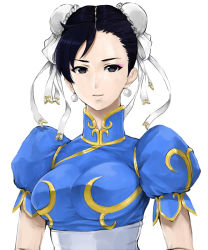 Rule 34 | 1990s (style), 1girl, black hair, breasts, bun cover, capcom, china dress, chinese clothes, chun-li, double bun, dress, earrings, eyeliner, female focus, hair bun, jewelry, lips, madarame, makeup, retro artstyle, sash, simple background, smile, solo, street fighter, street fighter ii (series), upper body, white background