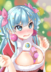 Rule 34 | 1girl, between breasts, blue eyes, blue hair, blurry, blurry background, blush, box, breasts, christmas, commentary request, earrings, gift, gift box, hair ornament, hair ribbon, jewelry, koukoku, large breasts, long hair, magia record: mahou shoujo madoka magica gaiden, mahou shoujo madoka magica, minami rena, nail polish, open mouth, portrait, ribbon, santa costume, solo, star (symbol), star hair ornament, v-shaped eyebrows, wavy mouth