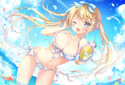Rule 34 | 1girl, ;d, bare shoulders, bikini, blonde hair, blue bikini, blue eyes, bow, breasts, cleavage, collarbone, day, emu alice, floating hair, frilled bikini, frills, front-tie bikini top, front-tie top, hair bow, halterneck, highres, holding, large breasts, leaning forward, liver city, long hair, looking at viewer, navel, one eye closed, open mouth, outdoors, picpicgram, plaid, plaid bikini, side-tie bikini bottom, smile, solo, stomach, string bikini, swimsuit, thighs, twintails, very long hair, wading, water, water gun, wet