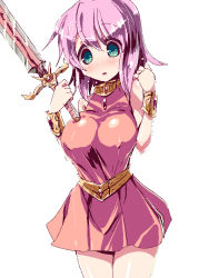 Rule 34 | 1990s (style), 1girl, blush, breasts, covered erect nipples, final fantasy, final fantasy v, green eyes, jewelry, large breasts, lenna charlotte tycoon, miuku (marine sapphire), orange shirt, pink hair, shirt, short hair, solo, sword, weapon