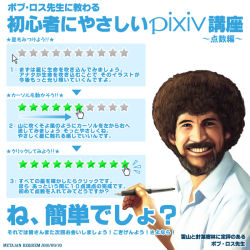 Rule 34 | 1boy, 2010, afro, arrow (symbol), bob ross, commentary request, cursor, dated, facial hair, grin, hand cursor, how to, japanese text, k-suwabe, looking at viewer, male focus, mustache, nib pen (object), pen, pixiv, pointer, real life, simple background, smile, solo, star (symbol), the joy of painting, traditional media, translated, upper body, white background