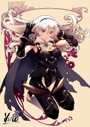 Rule 34 | 1girl, armor, artist name, ascot, black armor, black cape, black gloves, black legwear, black leotard, breastplate, breasts, brooch, cape, commentary request, corrin (female) (fire emblem), corrin (fire emblem), fire emblem, fire emblem fates, gauntlets, gloves, hair between eyes, hairband, jewelry, kero sweet, kneeling, large breasts, leotard, long hair, looking at viewer, nintendo, no shoes, official alternate costume, open mouth, pointy ears, red eyes, shoulder armor, smile, solo, toeless legwear, toes, torn cape, torn clothes, very long hair, wavy hair, white ascot, white hair