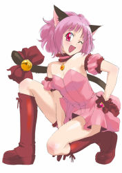 Rule 34 | 00s, 1girl, animal ears, boots, bow, cat ears, choker, choobackers32, gloves, knee boots, mew ichigo, momomiya ichigo, one eye closed, on one knee, pink hair, red eyes, red gloves, short hair, solo, tail, tail bow, tail ornament, tokyo mew mew, wink