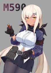 Rule 34 | 1girl, armband, belt, belt pouch, black gloves, black pantyhose, blush, breasts, character name, clothing cutout, dark-skinned female, dark skin, girls&#039; frontline, gloves, grey background, hair ornament, hairclip, holding, large breasts, long hair, long sleeves, m590 (girls&#039; frontline), navel, navel cutout, nemoga, open mouth, pantyhose, pleated skirt, pouch, shell casing, skirt, solo, very long hair, white hair, yellow eyes