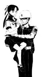 Rule 34 | 1boy, 1girl, aiguillette, black hair, bow, bowtie, carrying, greyscale, helmet, highres, jacket, military, military jacket, military uniform, monochrome, multiple tails, personification, princess carry, school uniform, serafuku, smile, soldier, t91 (upotte!!), tail, that storyteller, uniform, upotte!!